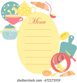 The Menu Sheet for Kitchen with Utensils and some Food and Drink as a Decoration. Image Made in Warm Pastel Colors. 