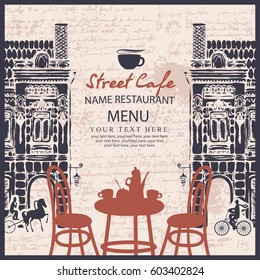 Menu for sidewalk street cafe with table and old architecture on the background of the manuscript