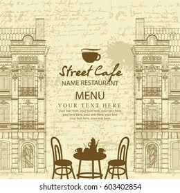 Menu for sidewalk street cafe with table and old architecture on the background of the manuscript
