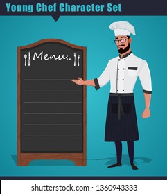 Menu sign at restaurant chef showing menu chalkboard sign, chef standing with board for menu. Happy Chef showing Menu Board.