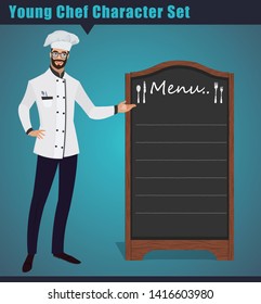 Menu sign at restaurant chef showing menu chalkboard sign, chef standing with board for menu. Happy Chef showing Menu Board.