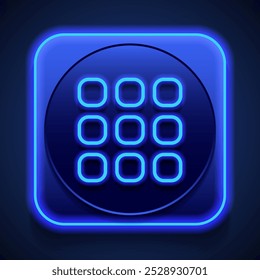 Menu simple icon vector. Flat design. Blue neon style on button. With shadow.ai