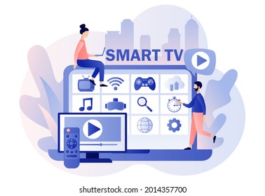 Menu Smart TV on laptop. Tiny people watch video, content, applications on multimedia box tv. Modern television technology. Modern flat cartoon style. Vector illustration on white background
