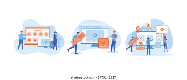 Menu Smart TV on laptop. Tiny people watch video with remote control and television multimedia box. Smart tv technology with tiny people concept. Set flat vector modern illustration