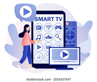 Menu Smart TV in smartphone app. Tiny woman watch video, content, applications on multimedia box tv. Modern television technology. Modern flat cartoon style. Vector illustration on white background