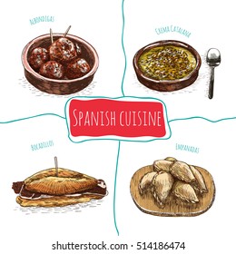 Menu of Spain colorful illustration. Vector illustration of Spanish cuisine.