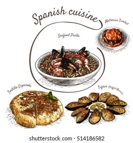 Menu of Spain colorful illustration. Vector illustration of Spanish cuisine.