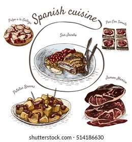 Menu of Spain colorful illustration. Vector illustration of Spanish cuisine.