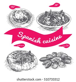 Menu of Spain monochrome illustration. Vector illustration of Spanish cuisine.