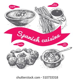 Menu of Spain monochrome illustration. Vector illustration of Spanish cuisine.