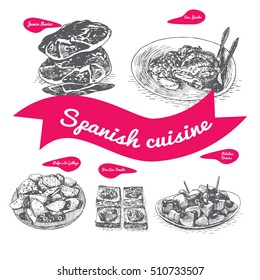 Menu of Spain monochrome illustration. Vector illustration of Spanish cuisine.