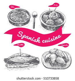 Menu of Spain monochrome illustration. Vector illustration of Spanish cuisine.