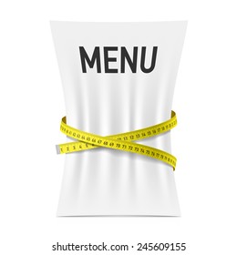 Menu squeezed by measuring tape, diet theme concept. Vector.