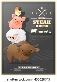 Menu steak house with farm animals , vector , illustration