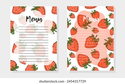 Menú con diseño de fresa, en estilo Doodle, para el diseño de verano de cafés y restaurantes. Ilustración vectorial en estilo dibujado a mano.
