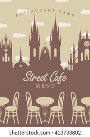 Menu for street cafe table with chairs and the old town