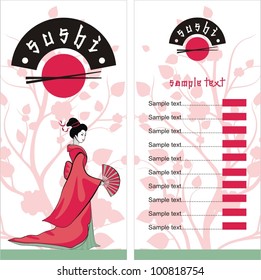 Menu. Sushi girl in asian style. vector background