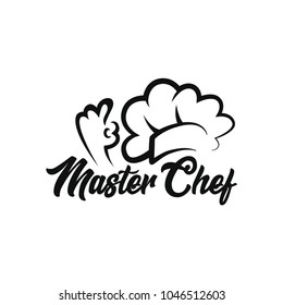 Menu symbol with chef and hand. Black vector illustration