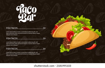 Menu taco typography mexican food with hand drawn lettering. Cartoon fast street food isolated . Vector illustration.