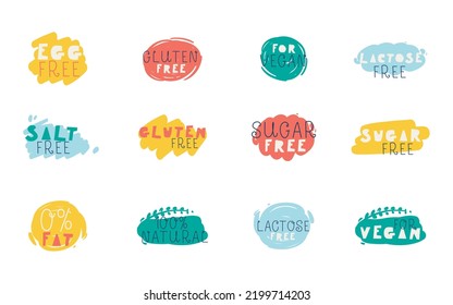 Menu tag set. Food labels indicating: Gluten, Lactose, Sugar Free, 100% Natural, Egg, Salt Free, 0% Fat, Vegan. Vector hand drawn icons.