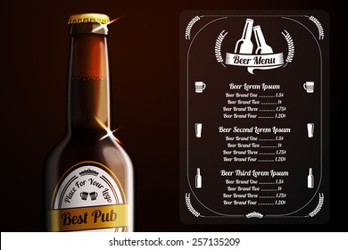 Menu template for beer and alcohol with place for logo of your pub, restaurant, cafe etc. With realistic brown beer bottle on white background. vector.