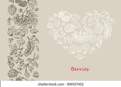 Menu template. Berries in heart shape. Seamless border with Berries. Vector Doodles Berries: blueberries, black currant, raspberries, blackberries, red currants, gooseberries, rowan, mulberry