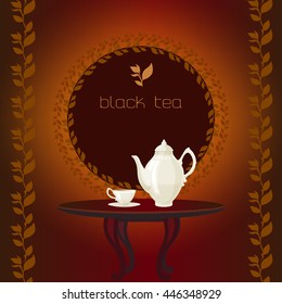 Menu template with black tea, teapot and cup. 
