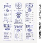 Menu template. Blue pen drawing. Appetizers, vegetables,salads, seafood, pizza, pasta.