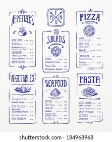 Menu template. Blue pen drawing. Appetizers, vegetables,salads, seafood, pizza, pasta.