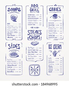 Menu Template. Blue Pen Drawing.Soups, Sides, Bbq & Grill, Steaks & Chops, Cakes, Ice Cream