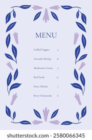 Menu template with botanical floral frame. Blue and lavender decorative leaves and flowers. Elegant minimalist style. Vector illustration.