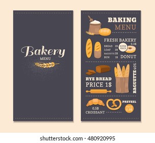 Menu template cafe bakery. Concept of the cover design menu. Collection of vector elements: bread, flour, donut, baguette, croissant. Illustration of baking.