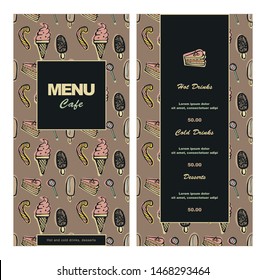 Menu template for cafe, bistro, fast food, pub, restaurant. Vector color illustration of a retro style with a hand-drawn doodle pattern on a brown background.