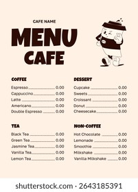 Modelo de menu para café, cafeteria, restaurante ou bar. Design de menu retro com um logotipo de copo de papel de desenho animado mascote. Ilustração vetorial.