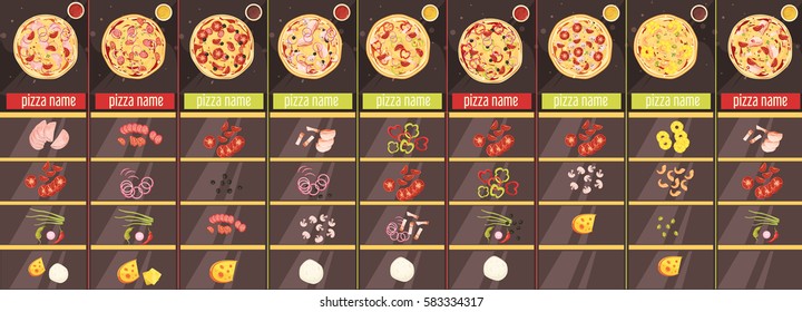 Menu template in cartoon style with baked pizza ingredients and sauces on brown background isolated vector illustration