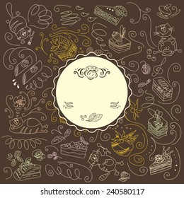 Menu template with cats and sweets | Vintage menu background with hand-painted animals and cakes