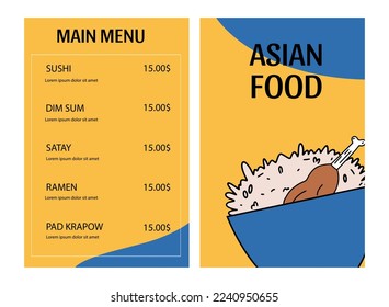 Menu template for Chinese or Japanese food restaurant. Advertising banner, vector illustration