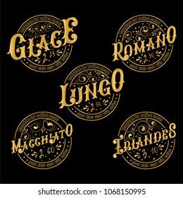 Menu template for coffee.Gold lettering.Names of coffee drinks. Irlandes, Glace, Romano, Lungo,Macchiato.