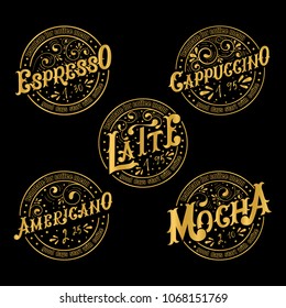 Menu template for coffee.Gold lettering.Names of coffee drinks.Espresso, Cappuccino, Latte, Americano, Mocha.