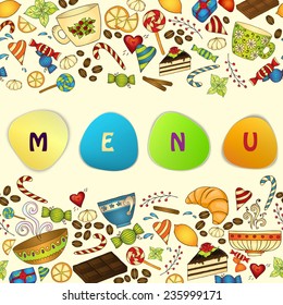 Menu template colorful design. Tea, coffee and sweets doodle template pattern invitation. Greeting card. Tea Design. Breakfast Banners with cups, teapot, chocolate, lemon, cake, croissant and sweets.