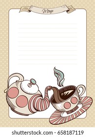 Menu template. Cup and teapot frame funny banner hand drawn design. 