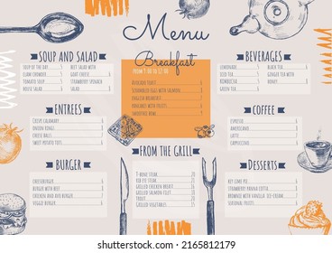 Menu template decorated with hand drawn food elements and orange color accent. Vector illustration