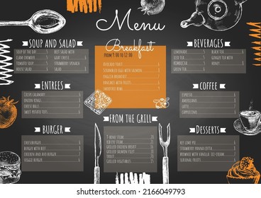 Menu template decorated with hand drawn food elements on chalkboard imitation background. Vector illustration