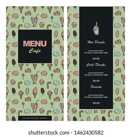 Menu template design for cafe, bistro, fast food, pub, restaurant. Vector color illustration of a retro style with a hand-drawn doodle pattern on a green background.