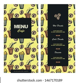 Menu template design for cafe, bistro, fast food, pub, restaurant. Vector color illustration of a retro style with a hand-drawn doodle pattern on a yellow background.