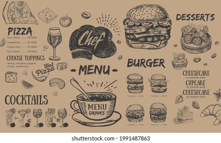 Menu, template design. Food flyer. Hand-drawn style. Vector illustration.	