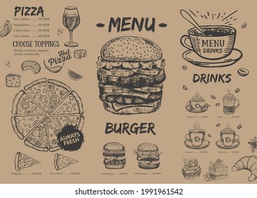 Menu, template design. Food flyer. Hand-drawn style. Vector illustration.	