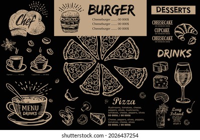 Menu, template design.. Food flyer. Hand-drawn style. Vector illustration.	