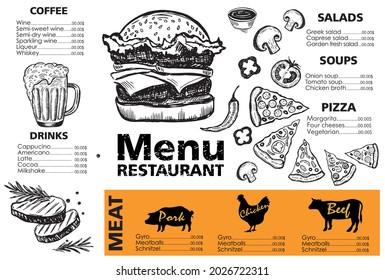 Menüvorlage Design für Restaurant, handgezeichnet Illustration. Vektorgrafik.	
