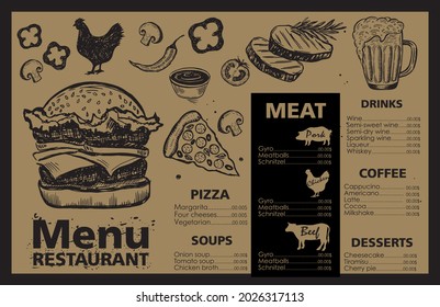 Diseño de plantilla de menú para restaurante, ilustración de esbozo. Vector.	